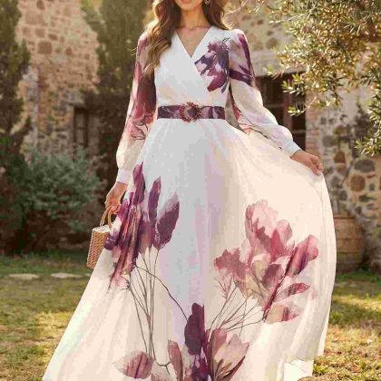 فستان شيفون طويل بطبعات الزهور البنفسجية