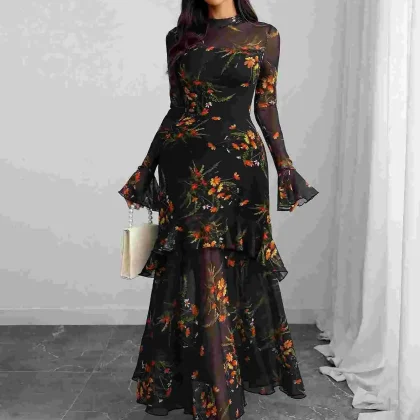 فستان فلورا الأسود – سحر الشيفون وجاذبية الألوان الدافئة