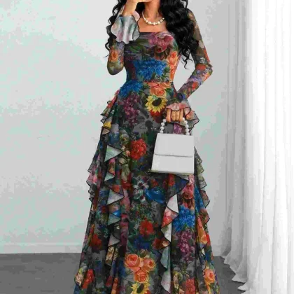 فستان فلورا البوهيمي – سحر الزهور وتفاصيل الكشكش الراقي